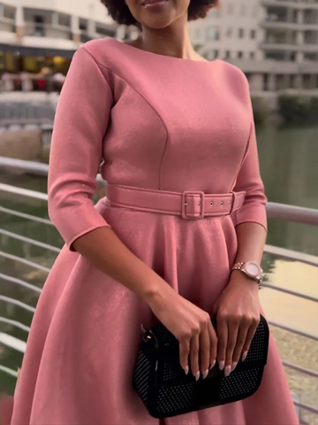 Damen Elegant Dreiviertelarm A-Linie Mittellang Kleid Mit Gürtel Einfarbig Vintage Bankett Party Brautjungfernkleid Hohe Taille
