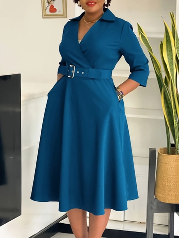 Women Plus Size Solid Color V-Neck 3/4 Sleeve A-Line Midi Dress With Belt Elegant Office Lady Commuter Casual Party Dress