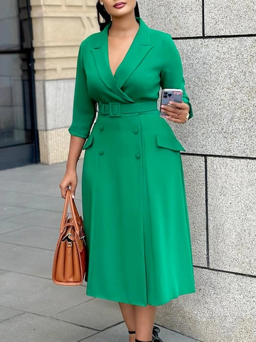 Dames Elegante Reverskraag Double Breasted Midi Jurk Met Riem 3/4 Mouw Effen Kleur Slim Fit Woon-werkverkeer Kantoor