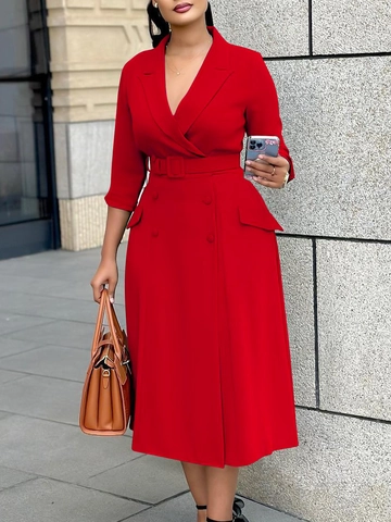 Dames Elegante Reverskraag Double Breasted Midi Jurk Met Riem 3/4 Mouw Effen Kleur Slim Fit Woon-werkverkeer Kantoor