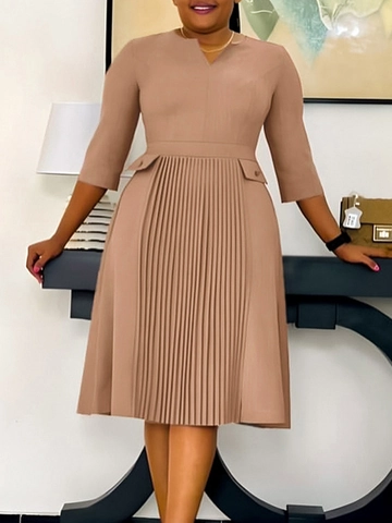 Women Elegant V-Neck 3/4 Sleeve Midi Dress High Waist Pleated A-Line Office Commuter Dress Back Zipper Solid Color Robe
