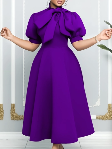 Women Elegant Bow Tie Neck Puff Sleeve Midi Dress High Waist Large Swing A-Line Banquet Party Solid Color Commute Dress