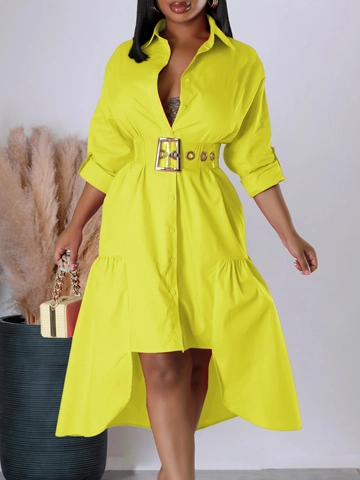 Robe Chemise Décontractée pour Femmes Couleur Unie Revers Manches Longues Ourlet Asymétrique Robe Midi Avec Ceinture Transparente