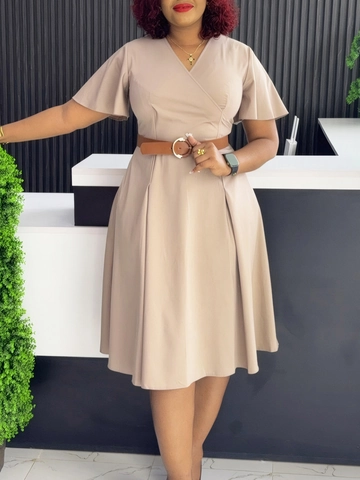 Elegant Women V-Neck Flutter Sleeve A-Line Midi Dress With Belt Solid Color Office Party Casual Commuter Chic Dress