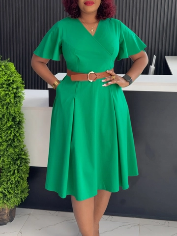 Elegant Women V-Neck Flutter Sleeve A-Line Midi Dress With Belt Solid Color Office Party Casual Commuter Chic Dress