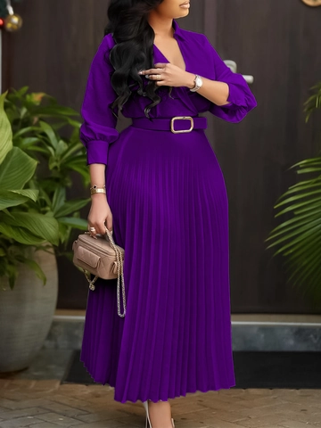 Elegant V Neck Long Sleeve Pleated Midi Dress With Belt Solid Color High Waist A-Line Party Commute Dress For Women