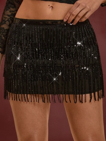 Damen Sexy Schwarz Pailletten Fransen Minirock Elegant Hohe Taille Quasten Bodycon Party Clubwear Bankett Rock
