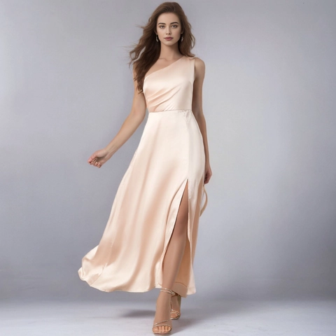 Women's One Shoulder Satin Maxi Dress Elegant Backless High Slit A-Line Evening Gown For Wedding Party Bridesmaid Dress