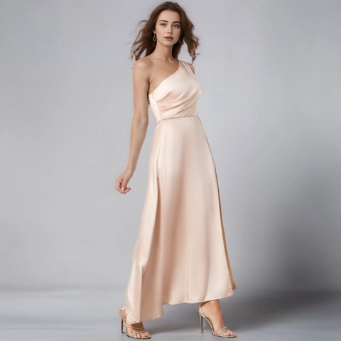 Women's One Shoulder Satin Maxi Dress Elegant Backless High Slit A-Line Evening Gown For Wedding Party Bridesmaid Dress