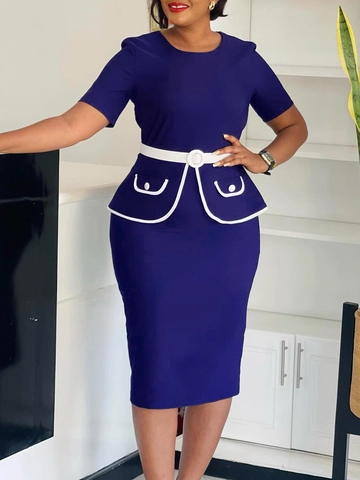 Abito Midi da Donna Elegante a Maniche Corte Con Peplo Girocollo Vestibilità Slim a Tubino Con Cintura da Ufficio Business