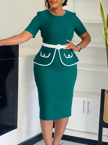 Abito Midi da Donna Elegante a Maniche Corte Con Peplo Girocollo Vestibilità Slim a Tubino Con Cintura da Ufficio Business