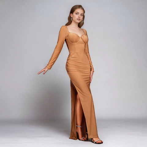 Elegante Vestido de Noche Sirena Color Camel Manga Larga Escote Corazón Corsé Ajustado Cintura Alta Largo Hasta el Suelo Boda Dama de Honor Vestido Maxi