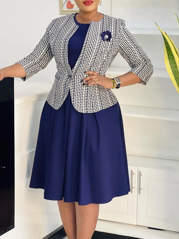 Damen Karo Blazer Und Ärmelloses Plissee Kleid Set Mit Blumenbrosche Elegantes Büro Outfit Für Damen Langarm Jacke