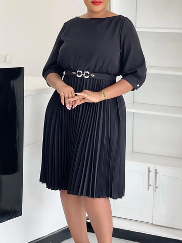 Elegant Damen Rundhals Dreiviertelarm Plissee Midi Kleid Mit Gürtel Hohe Taille Einfarbig Pendler Büro A-Linien Kleid