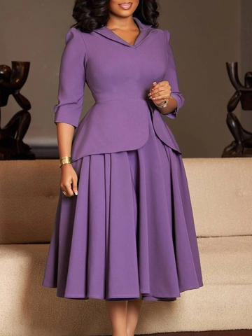 Elegante Abito Midi Donna Colletto a Revers Manica a Tre Quarti Peplum Vita Alta Pieghettata Grande Altalena Abito da Festa
