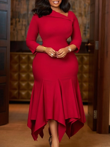 Elegante Vestito Midi Aderente Donna Scollo Asimmetrico Manica A 3/4 Vita Alta Orlo A Sirena Vestito Per Festa Serale