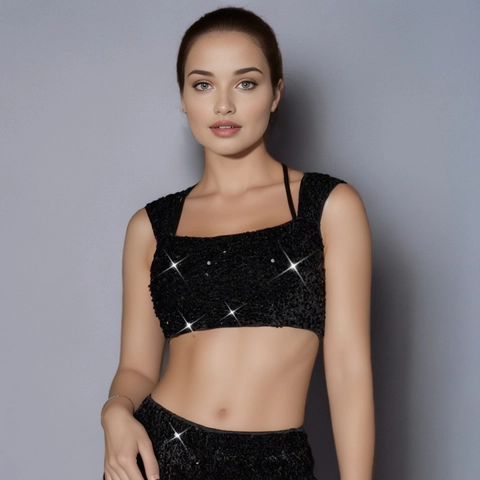 Women Sexy Black Sequin Crop Top Off Shoulder Sleeveless Lace Up Back Slim Fit Sparkly Party Club Night Out Elegant Tank Top