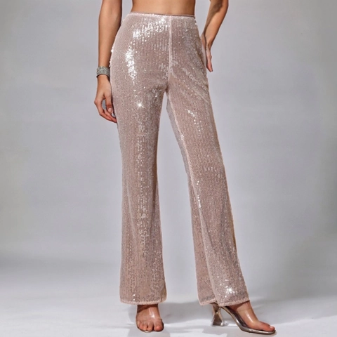 Women Elegant High Waist Sequined Flare Pants Sparkly Champagne Rose Gold Long Trousers For Party Banquet Evening Clubwear