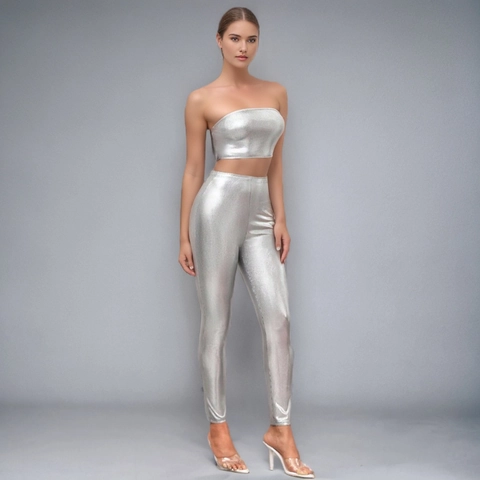 Γυναικεία Metallic Silver Outfits Bandeau Crop Top Και Ψηλόμεσο Skinny Μακρύ Παντελόνι Sexy Party Evening Outfits Για Γυναίκες