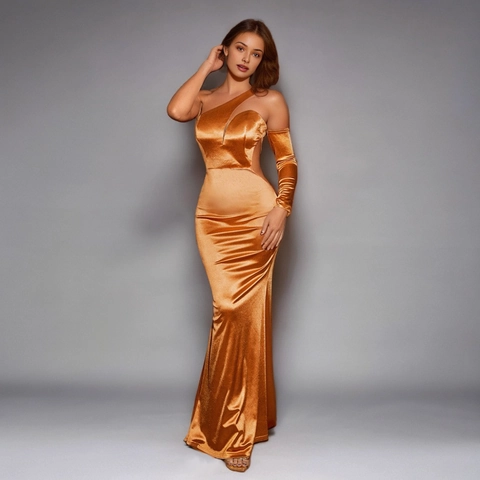 Elegante Vestido de Noche de Satén Naranja Un Hombro Con Recorte Y Espalda Descubierta Cola de Pez Cintura Alta Slim Maxi