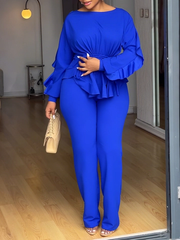 Dames Elegante Top En Broek Outfits Ruffles Trekkoord Lange Mouw Top Rechte Broek Effen Kleur Woon-werkverkeer Outfits