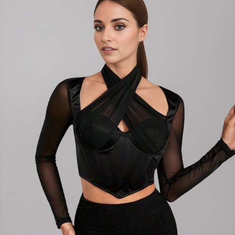 Damen Elegant Criss-Cross Halter Neck Langarm Korsett Top Polyester Satin Netz Patchwork Party Slim Fit Kurz T-Shirt