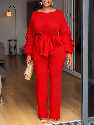 Dames Elegante Top En Broek Outfits Ruffles Trekkoord Lange Mouw Top Rechte Broek Effen Kleur Woon-werkverkeer Outfits