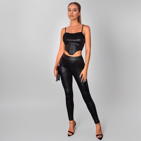 Damen Sexy Schwarz Kunstleder Outfit Korsett Camisole Top Und Hohe Taille Enge Hose Rückenfrei Slim Fit Clubwear Mode Outfit