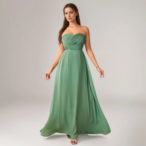 Women Elegant Sage Green Tube Top Maxi Dress Pleated High Waist Backless A-Line Evening Gown For Wedding Party Formal Wear