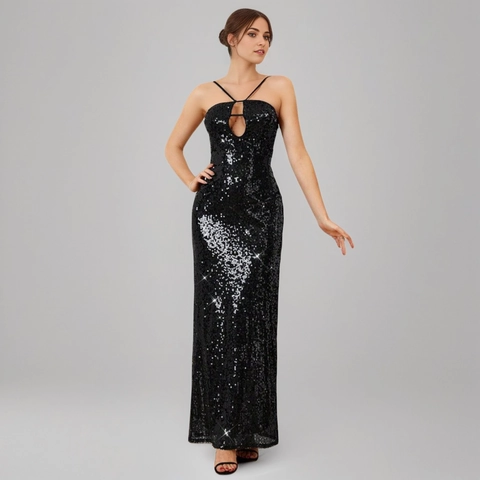 Abito da Sera Elegante da Donna con Paillettes Nere Scollo all'Americana Schiena Scoperta Slim Fit Abito Lungo per Matrimonio Festa Banchetto