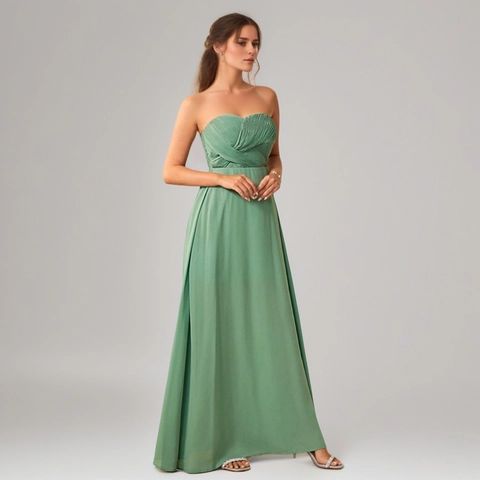 Women Elegant Sage Green Tube Top Maxi Dress Pleated High Waist Backless A-Line Evening Gown For Wedding Party Formal Wear