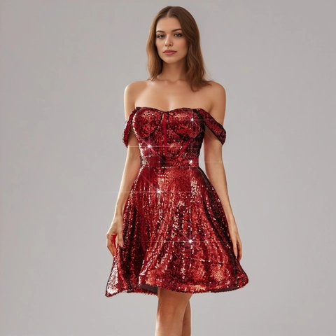 Elegantes Rotes Pailletten Schulterfrei Minikleid Für Damen Hohe Taille Ärmellos Trägerlos A-Linie Cocktail Party Abendkleid