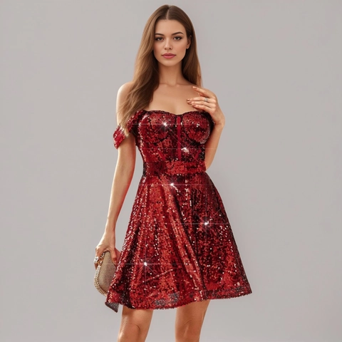 Elegantes Rotes Pailletten Schulterfrei Minikleid Für Damen Hohe Taille Ärmellos Trägerlos A-Linie Cocktail Party Abendkleid