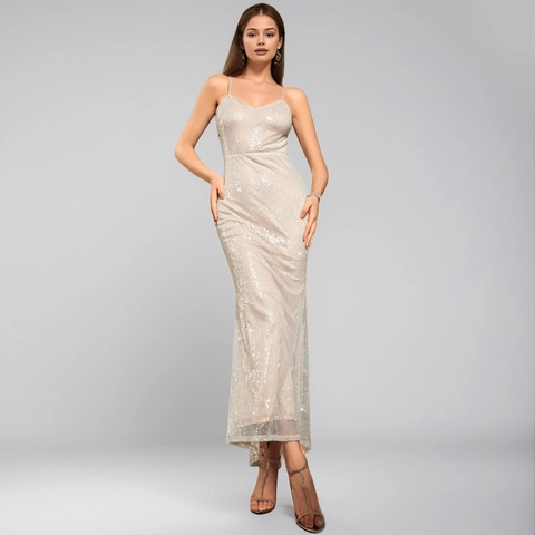 Vestido de Noche Largo Elegante con Lentejuelas para Mujer Sexy Cuello en V Espalda Descubierta Tirantes Champagne Fiesta Boda