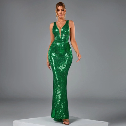 Elegantes Pailletten Meerjungfrau Abendkleid V-Ausschnitt Rückenfrei Hohe Taille Polyester Maxikleid Für Damen Hochzeit Party