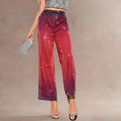 Pantalones de Pierna Ancha con Lentejuelas Elegantes para Mujer Cintura Alta Cinturilla Elástica Degradado Brillantes para Fiesta Evento