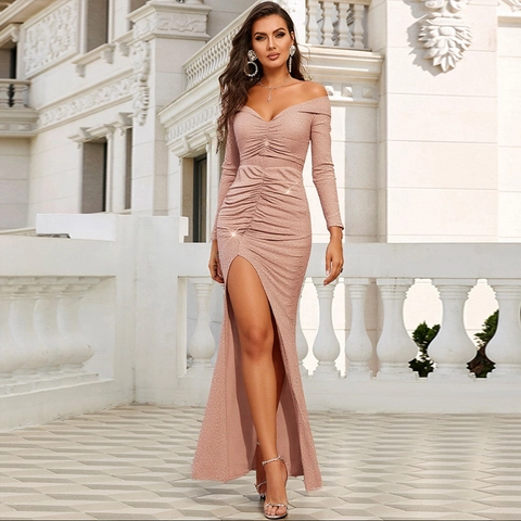 Vestido Maxi Elegante para Mujer Lentejuelas Champaña Hombros Descubiertos Manga Larga Abertura Alta Cuello en V Ajustado Fiesta Noche Sirena