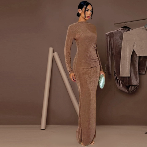 Vestido Maxi Marrón Elegante para Mujer Sin Espalda Manga Larga Fruncido Abertura Alta Sirena Vestido de Noche Fiesta Banquete