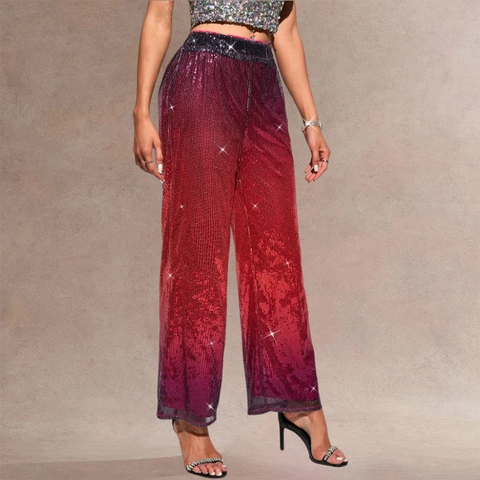 Pantalones de Pierna Ancha con Lentejuelas Elegantes para Mujer Cintura Alta Cinturilla Elástica Degradado Brillantes para Fiesta Evento