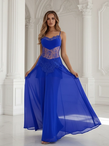Elegantes Königsblaues Chiffon Spitze Spleißen Maxi Kleid Rückenfrei V-Ausschnitt Hohe Taille Ärmelloses Abendkleid Damen Hochzeit Party