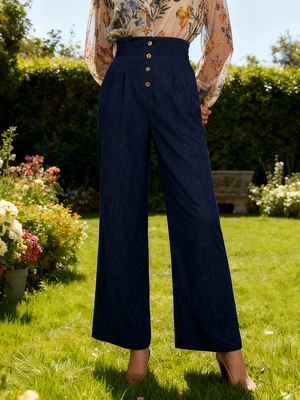 Damen High Waist Hose mit Weitem Bein Knopfleiste Elegant Office Commute Einfarbig Polyester Locker Hose
