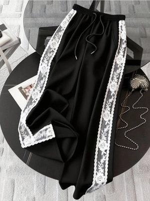 Plus Size Women Lace Patchwork Wide Leg Pants High Waist Drawstring Loose Casual Long Bottoms Lounge Trousers For Female