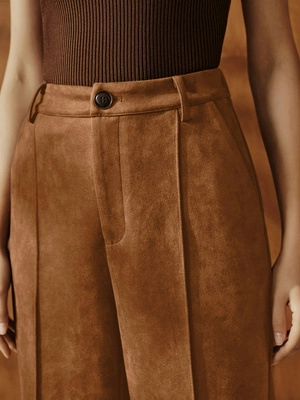 Hohe Taille Wildleder Weites Bein Hose Für Damen Retro Einfarbig Mittelnaht Lockere Passform Gerade Lange Hose Vintage Pendelstil