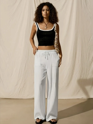 Women Plus Size Casual Wide Leg Trousers Solid Color Drawstring Elastic Waist Straight Pants With Pockets Summer Lounge Bottoms