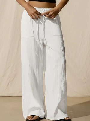 Women Plus Size Casual Wide Leg Trousers Solid Color Drawstring Elastic Waist Straight Pants With Pockets Summer Lounge Bottoms