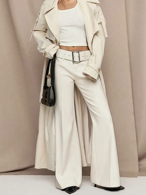 Women High Waist Flared Wide Leg Trousers With Large Metal Buckle Belt Casual Commuter Solid Color Long Pants