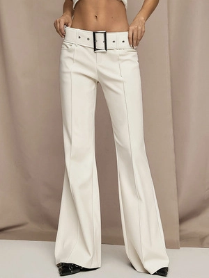 Women High Waist Flared Wide Leg Trousers With Large Metal Buckle Belt Casual Commuter Solid Color Long Pants