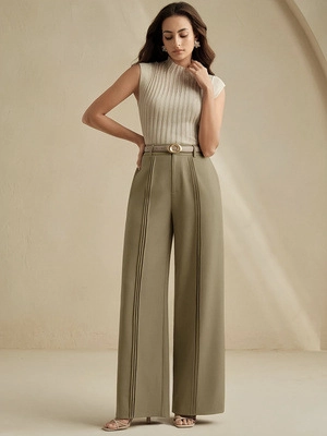 Pantaloni da Donna a Vita Alta a Gamba Larga Tinta Unita Casual Pantaloni Dritti Con Cintura Abbigliamento da Lavoro Autunno