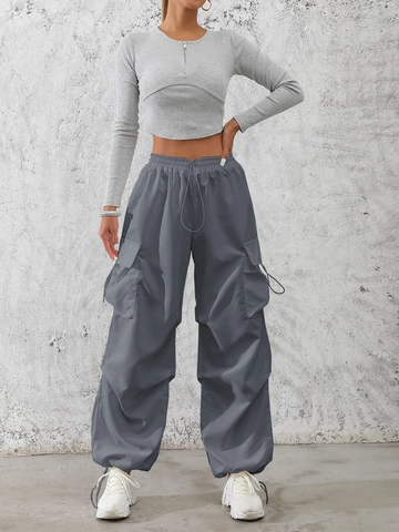 Women's Casual Cargo Pants Loose Fit Multi Pocket High Waist Drawstring Hem Streetwear Polyester Long Trousers