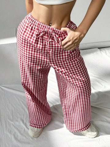 Pantalon Femme Décontracté Taille Haute Vichy Jambe Large Été Ample À Carreaux Droit Avec Poches Et Cordon